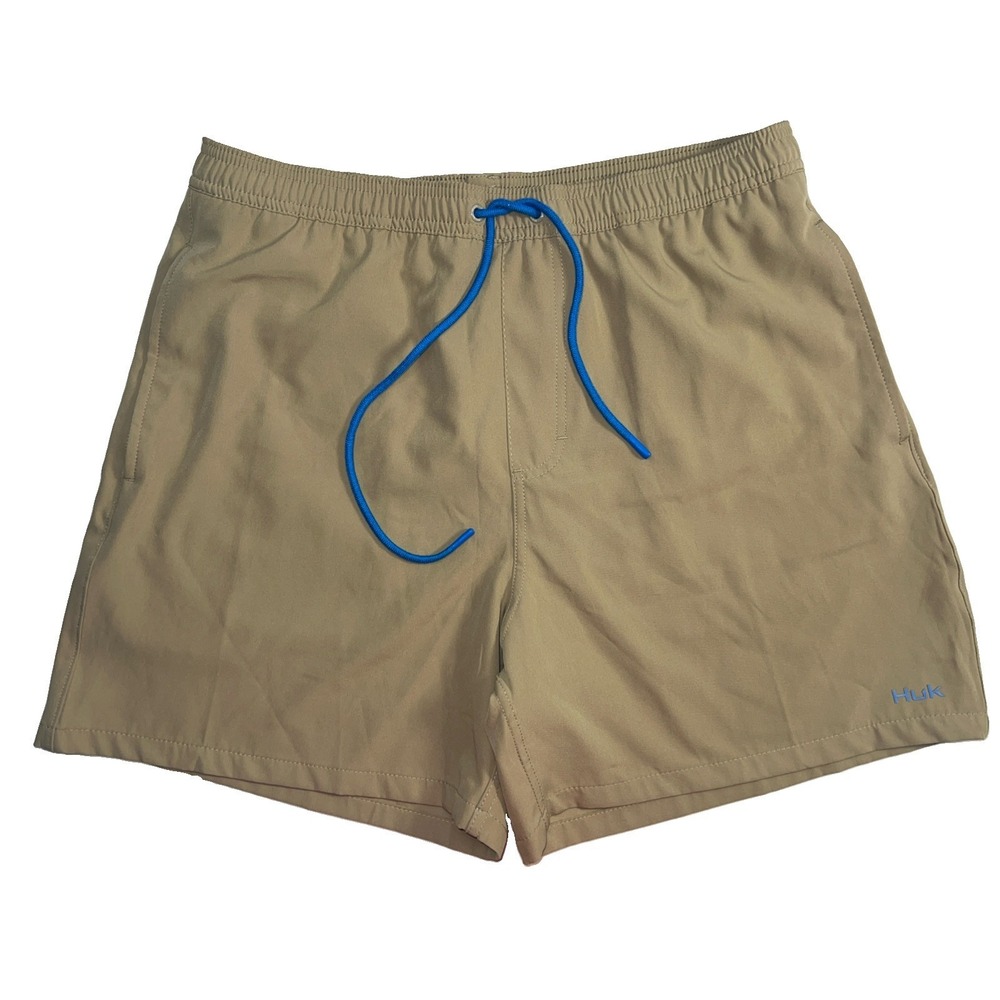 HUK Performance Fishing Swim Trunks Mens Size Large Tan Stretch Waist Pockets